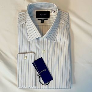 Faconnable Men's Dress Shirt NWT 16.5 French Cuffs White/Blue Stripe